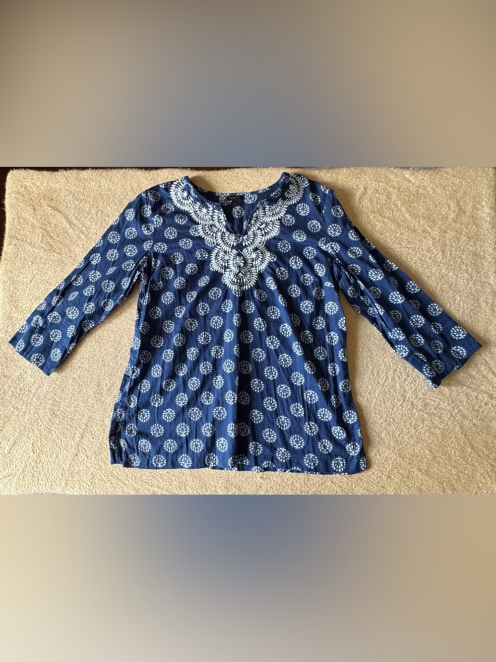 Talbots Navy Blue Embroidered V-Neck Tunic
